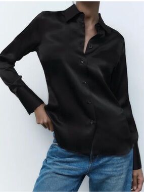 Zara Satin Black Button-Front Shirt